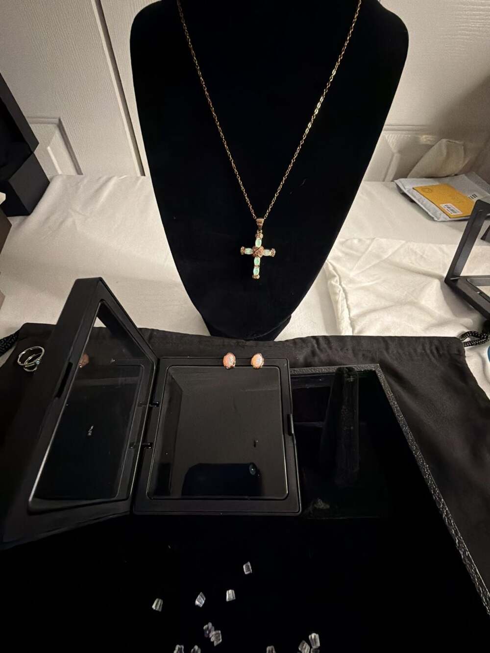 Opal mirage and Diamond Accent Cross Pendant Necklace and Stud Earrings Set